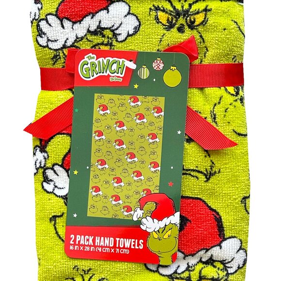 The Grinch Dr. Seuss Christmas Hand Towels 2 Pack Set 16" x 28" NWT 100% Cotton - Picture 1 of 3